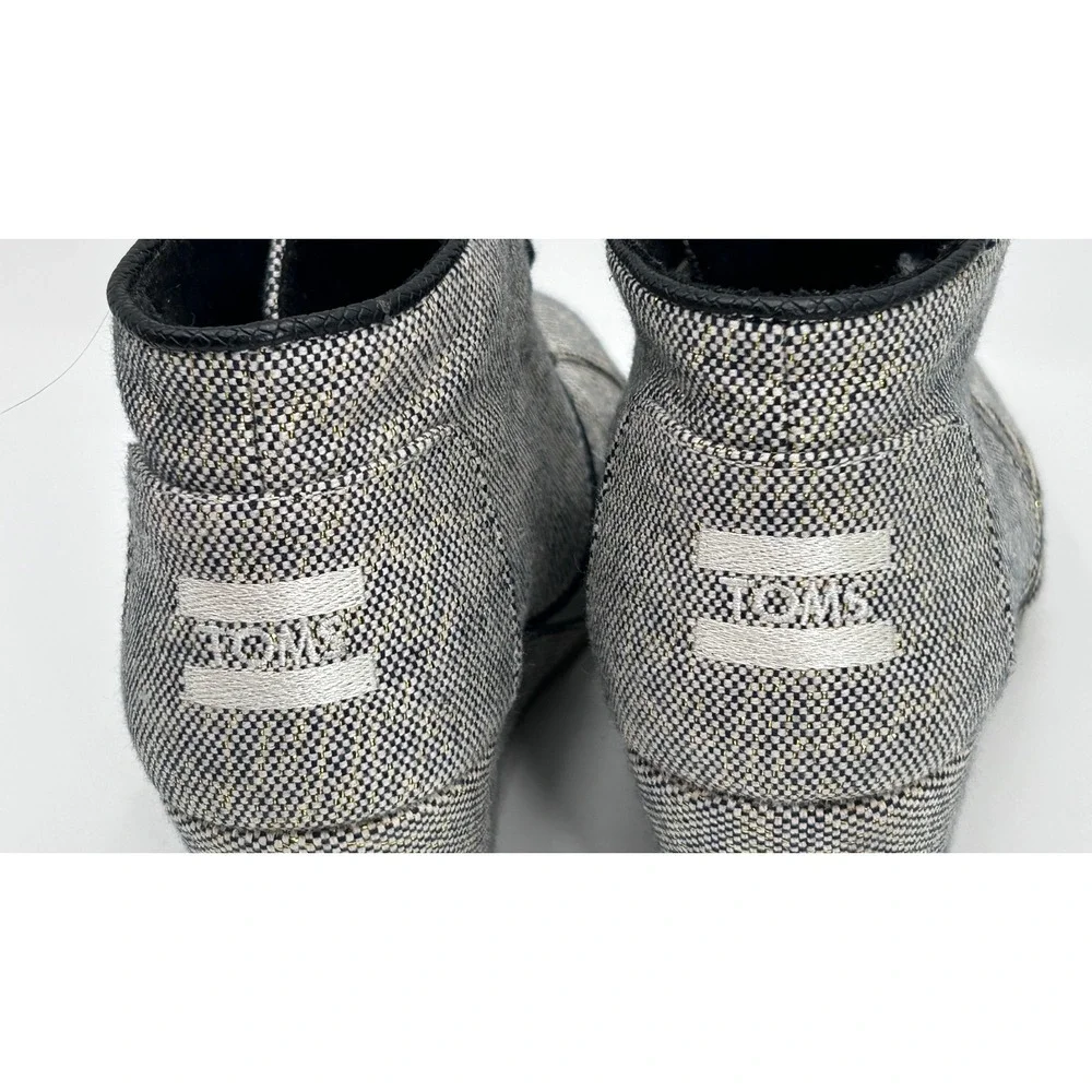 Toms Desert Wedge Linen Tweed Black White Metallic Gold Lace-up Ankle Bootie 7